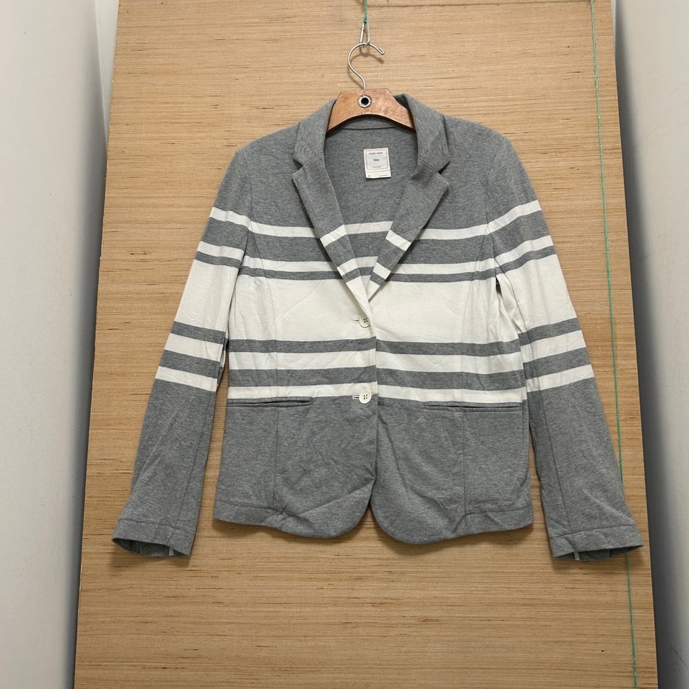 Gap‎ Womens Knit Blazer Grey White Striped Button Front Jacket Size 8 RN54023